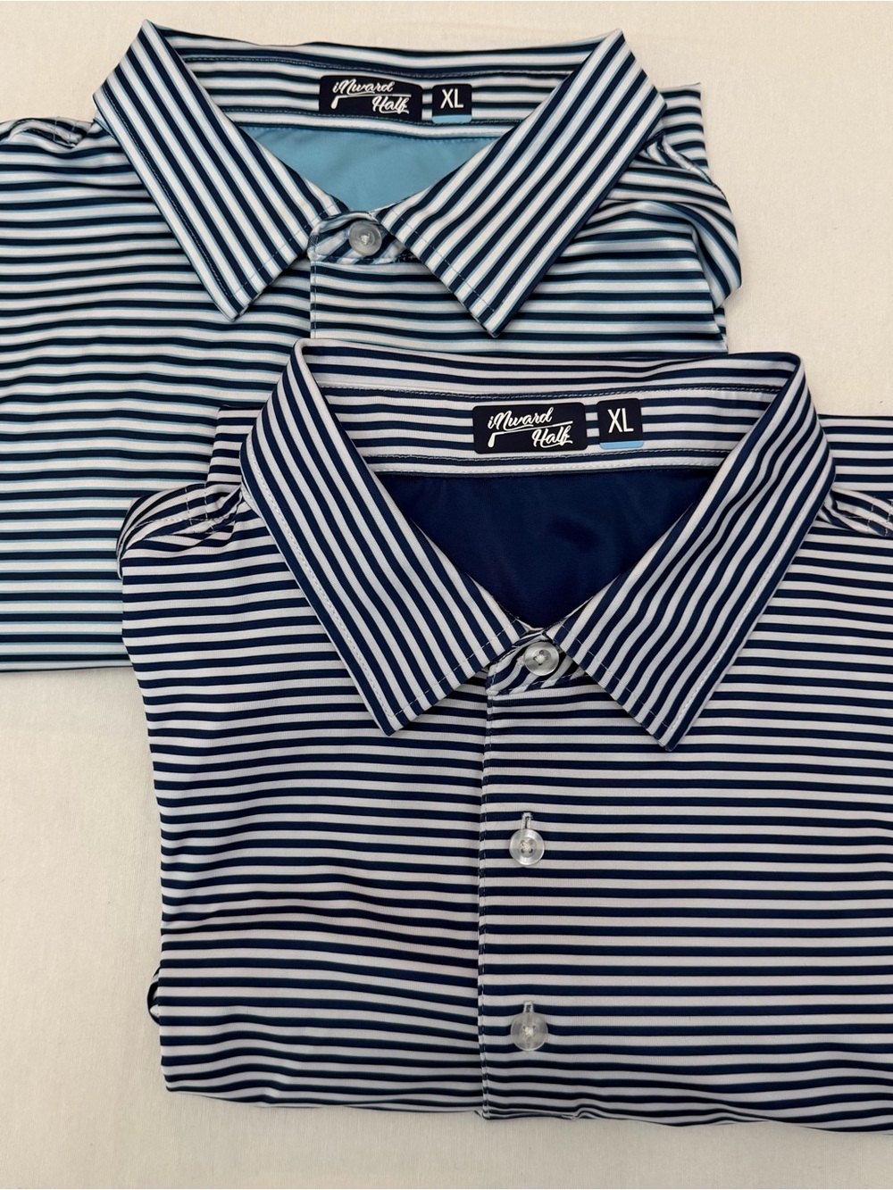Lot of 2  Men’s XL INWARD Half  White Navy / White Baby Blue Striped Polo Golf